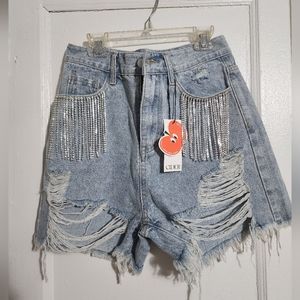 Diamond tassels ripped denim shorts, NWT